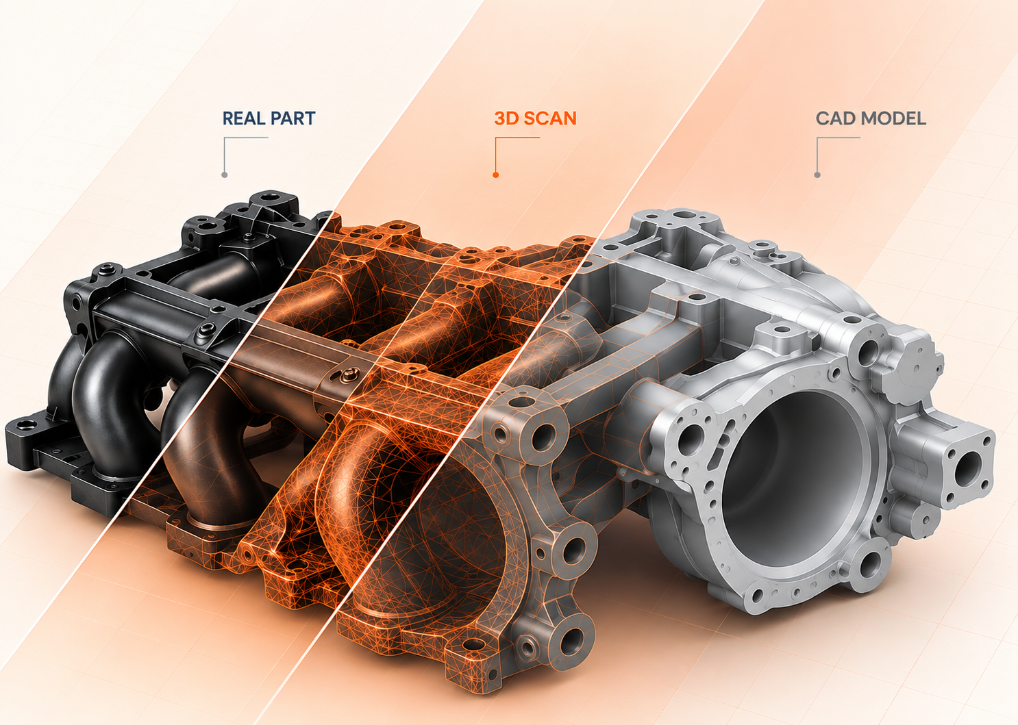 Physical automotive component, 3D scan mesh and reconstructed CAD model